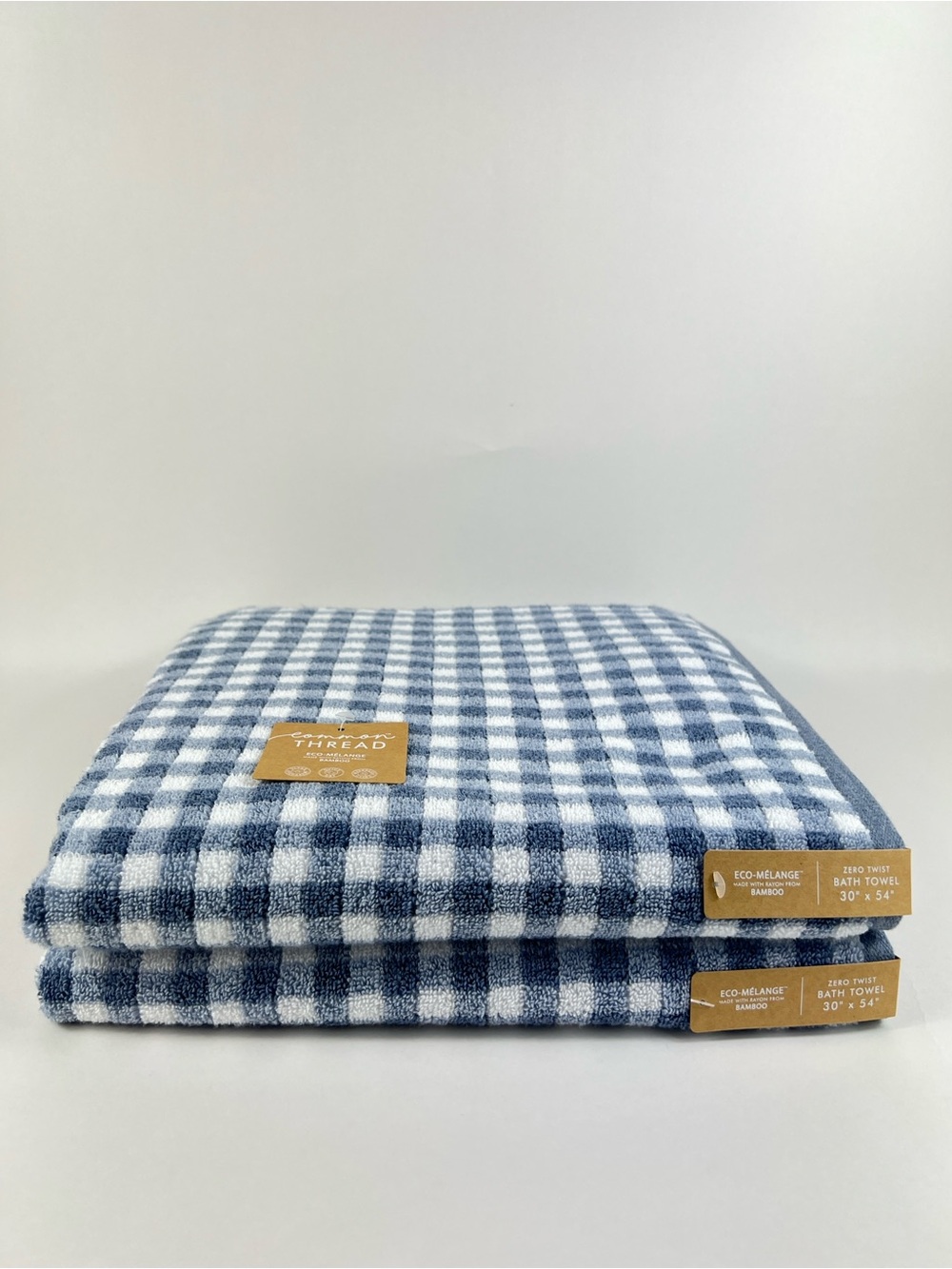 Common Thread Bamboo Bath Towels Blue White Check Soft Cotton Blend 2 Pc NEW